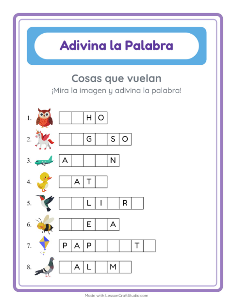 Vista previa de la hoja de Adivina La Palabra con Cosas que vuelan para jardín infantil