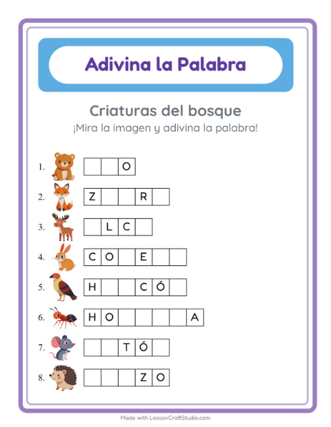 Vista previa de la hoja de Adivina La Palabra con Criaturas del bosque para jardín infantil