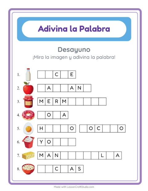 Vista previa de la hoja de Adivina La Palabra con Desayuno para jardín infantil