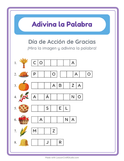 Vista previa de la hoja de Adivina La Palabra con Día de Acción de Gracias para jardín infantil