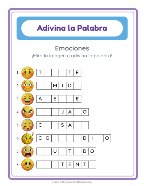 Vista previa de la hoja de Adivina La Palabra con Emociones para jardín infantil