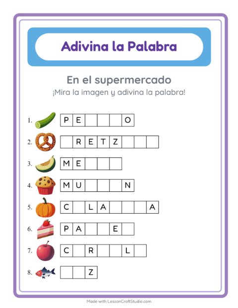 Vista previa de la hoja de Adivina La Palabra con En el supermercado para jardín infantil