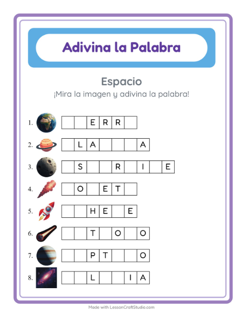 Vista previa de la hoja de Adivina La Palabra con Espacio para jardín infantil