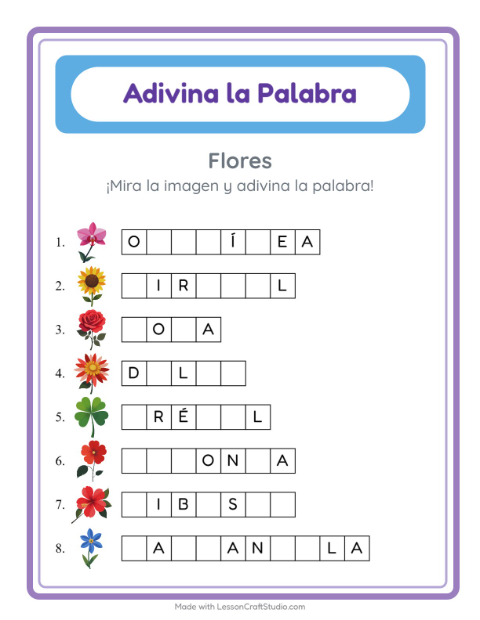 Vista previa de la hoja de Adivina La Palabra con Flores para jardín infantil