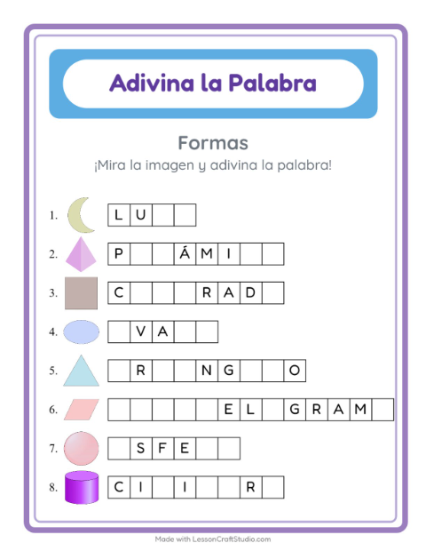 Vista previa de la hoja de Adivina La Palabra con Formas para jardín infantil