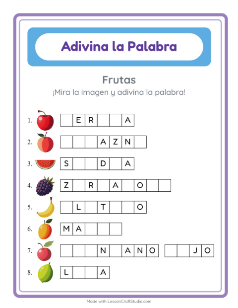 Vista previa de la hoja de Adivina La Palabra con Frutas para jardín infantil