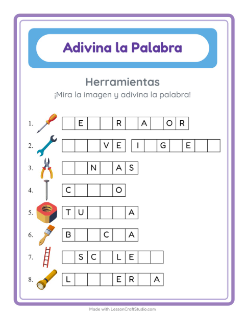 Vista previa de la hoja de Adivina La Palabra con Herramientas para jardín infantil