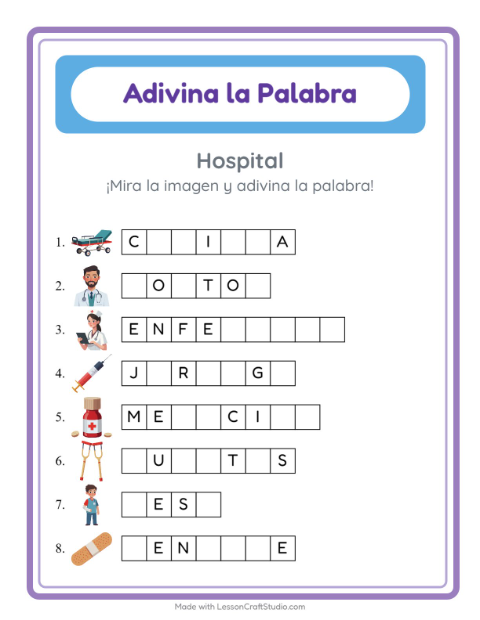 Vista previa de la hoja de Adivina La Palabra con Hospital para jardín infantil