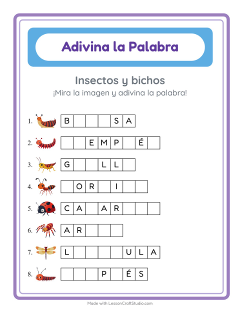 Vista previa de la hoja de Adivina La Palabra con Insectos y bichos para jardín infantil