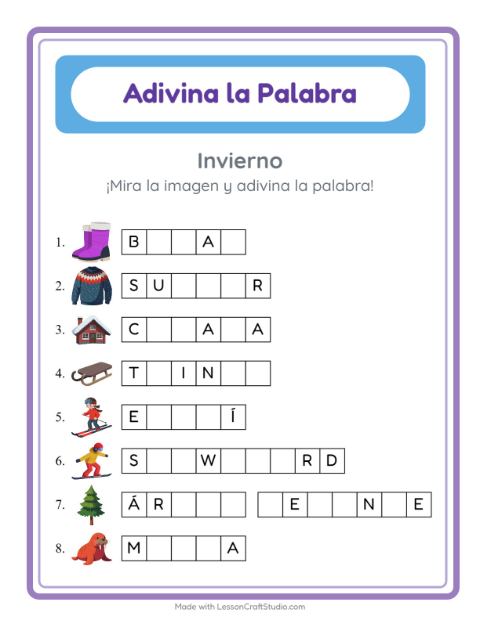 Vista previa de la hoja de Adivina La Palabra con Invierno para jardín infantil