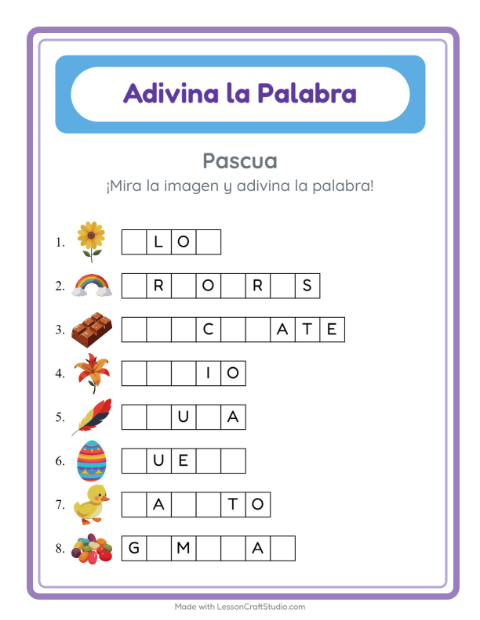 Vista previa de la hoja de Adivina La Palabra con Pascua para jardín infantil