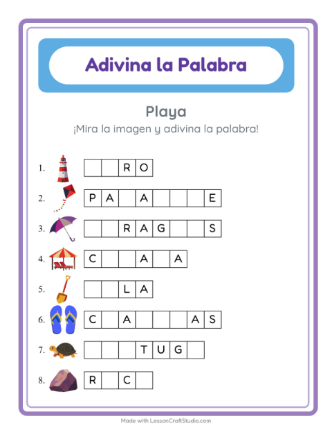 Vista previa de la hoja de Adivina La Palabra con Playa para jardín infantil