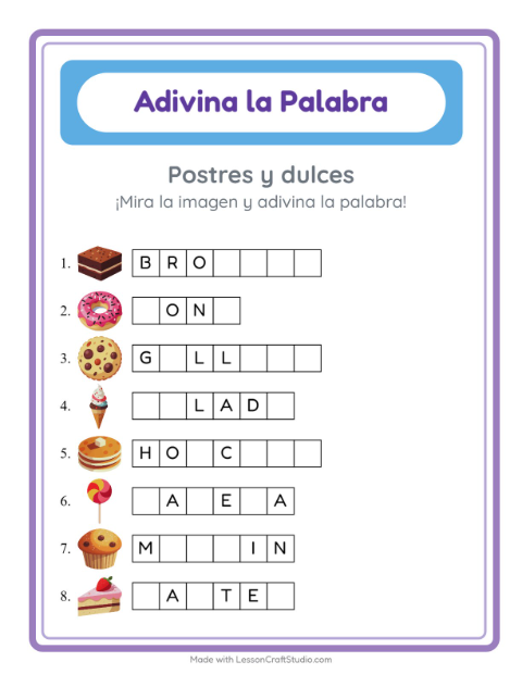 Vista previa de la hoja de Adivina La Palabra con Postres y dulces para jardín infantil