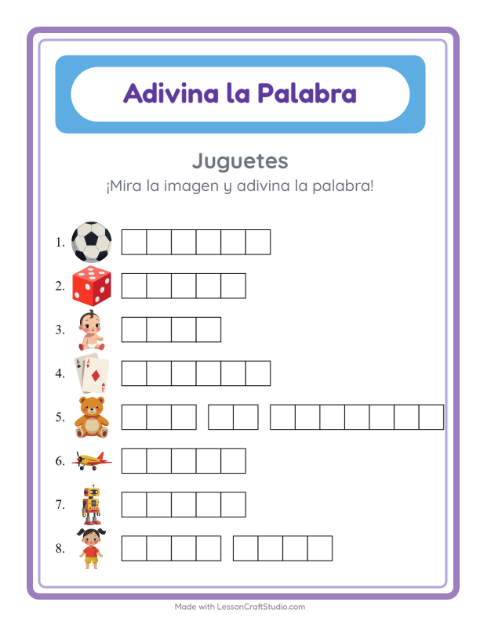Vista previa de la hoja de Adivina La Palabra con Juguetes para jardín infantil