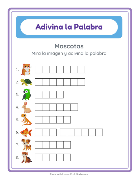 Vista previa de la hoja de Adivina La Palabra con Mascotas para jardín infantil