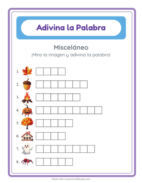 Vista previa de la hoja de Adivina La Palabra con Misceláneo para jardín infantil