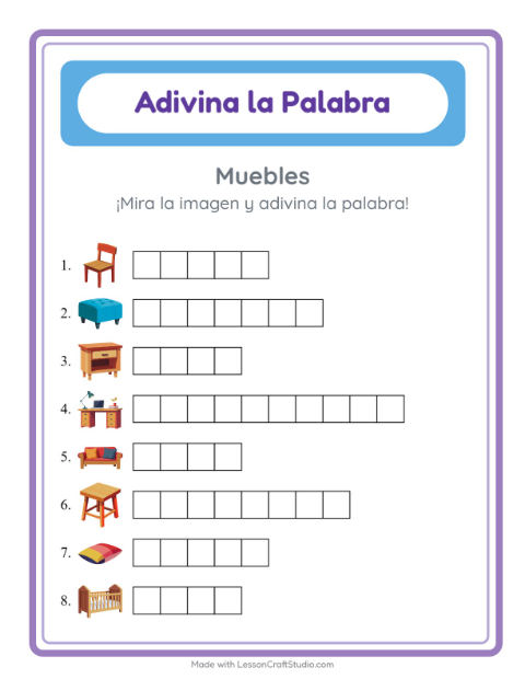 Vista previa de la hoja de Adivina La Palabra con Muebles para jardín infantil