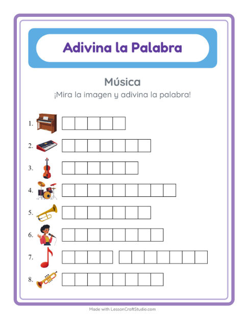 Vista previa de la hoja de Adivina La Palabra con Música para jardín infantil