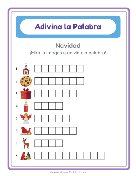 Vista previa de la hoja de Adivina La Palabra con Navidad para jardín infantil