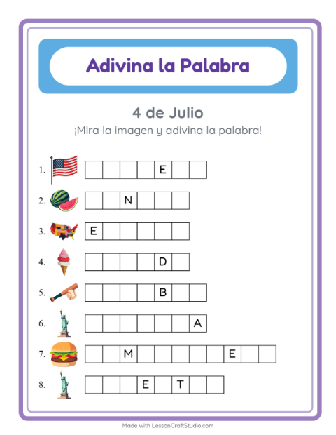 Vista previa de la hoja de Adivina La Palabra con 4 de Julio para jardín infantil