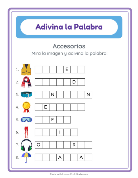 Vista previa de la hoja de Adivina La Palabra con Accesorios para jardín infantil
