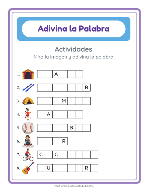 Vista previa de la hoja de Adivina La Palabra con Actividades para jardín infantil