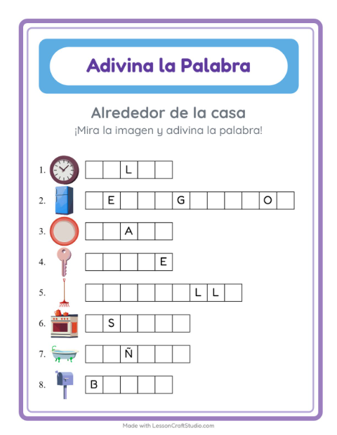 Vista previa de la hoja de Adivina La Palabra con Alrededor de la casa para jardín infantil