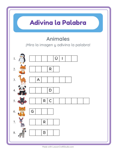 Vista previa de la hoja de Adivina La Palabra con Animales para jardín infantil