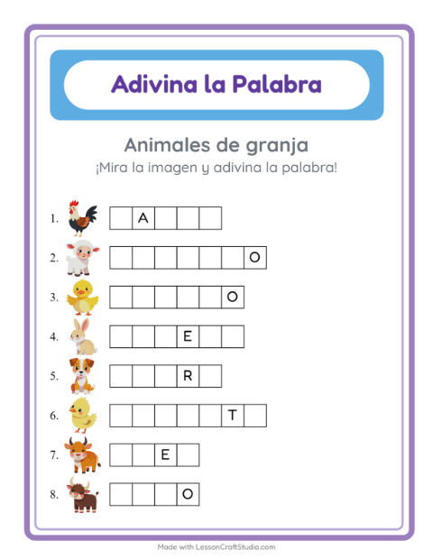 Vista previa de la hoja de Adivina La Palabra con Animales de granja para jardín infantil
