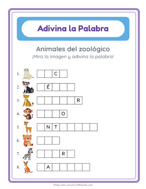 Vista previa de la hoja de Adivina La Palabra con Animales del zoológico para jardín infantil