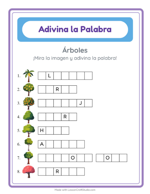 Vista previa de la hoja de Adivina La Palabra con Árboles para jardín infantil