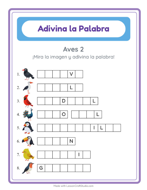 Vista previa de la hoja de Adivina La Palabra con Aves 2 para jardín infantil