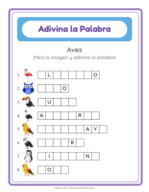 Vista previa de la hoja de Adivina La Palabra con Aves para jardín infantil
