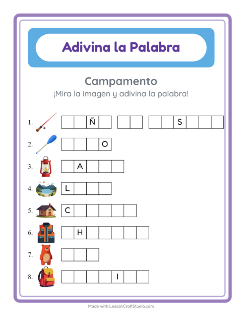 Vista previa de la hoja de Adivina La Palabra con Campamento para jardín infantil