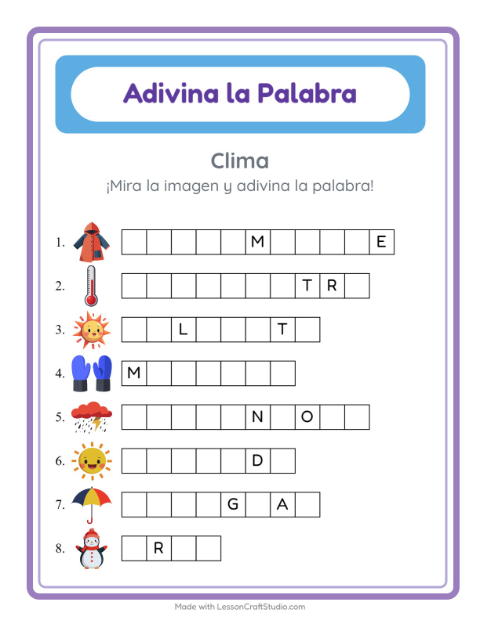 Vista previa de la hoja de Adivina La Palabra con Clima para jardín infantil