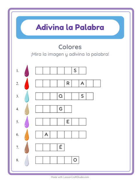 Vista previa de la hoja de Adivina La Palabra con Colores para jardín infantil