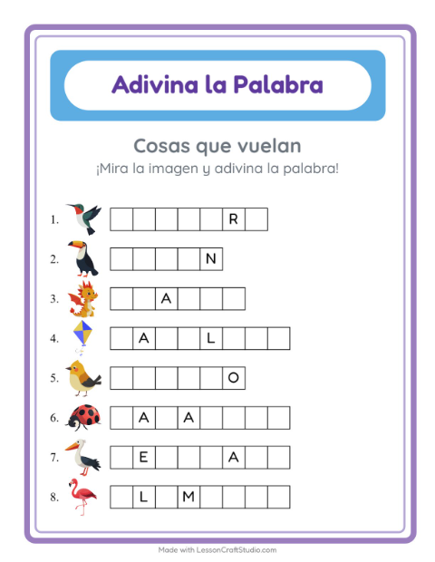 Vista previa de la hoja de Adivina La Palabra con Cosas que vuelan para jardín infantil