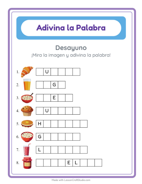Vista previa de la hoja de Adivina La Palabra con Desayuno para jardín infantil