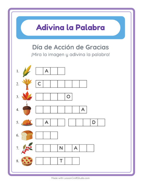 Vista previa de la hoja de Adivina La Palabra con Día de Acción de Gracias para jardín infantil