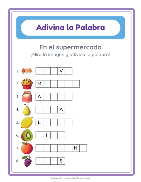 Vista previa de la hoja de Adivina La Palabra con En el supermercado para jardín infantil