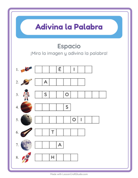 Vista previa de la hoja de Adivina La Palabra con Espacio para jardín infantil