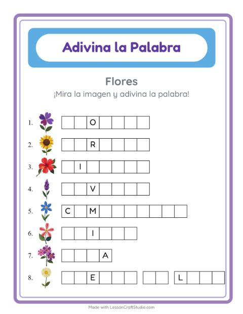 Vista previa de la hoja de Adivina La Palabra con Flores para jardín infantil