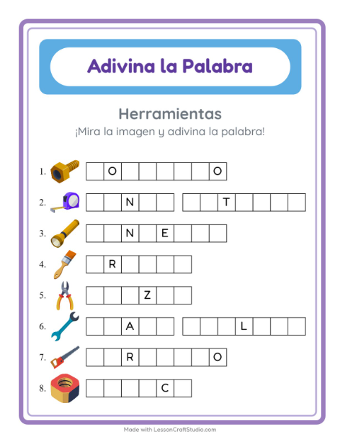 Vista previa de la hoja de Adivina La Palabra con Herramientas para jardín infantil