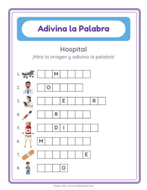 Vista previa de la hoja de Adivina La Palabra con Hospital para jardín infantil