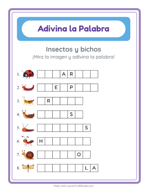 Vista previa de la hoja de Adivina La Palabra con Insectos y bichos para jardín infantil