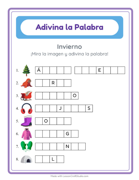 Vista previa de la hoja de Adivina La Palabra con Invierno para jardín infantil