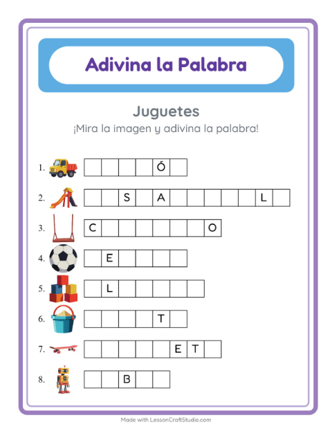 Vista previa de la hoja de Adivina La Palabra con Juguetes para jardín infantil