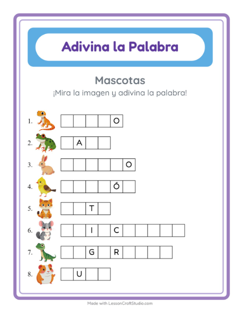Vista previa de la hoja de Adivina La Palabra con Mascotas para jardín infantil