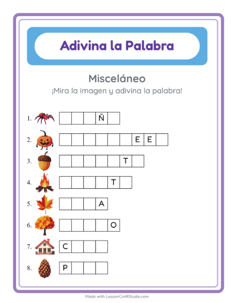 Vista previa de la hoja de Adivina La Palabra con Misceláneo para jardín infantil