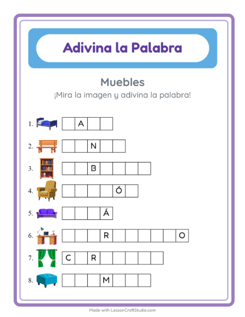 Vista previa de la hoja de Adivina La Palabra con Muebles para jardín infantil